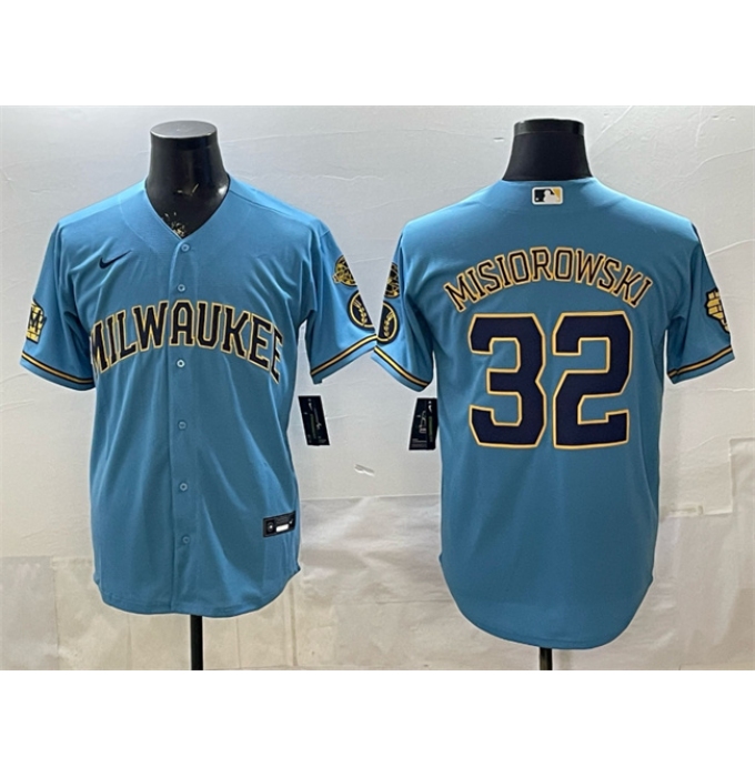 Men's Milwaukee Brewers #32 Jacob Misiorowski Blue With Home & Bob Uecker Stitched Baseball Jersey