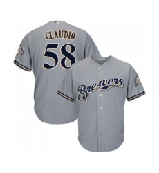 Men's Milwaukee Brewers #58 Alex Claudio Replica Grey Road Cool Base Baseball Jersey