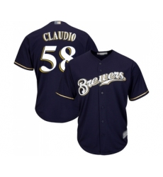Men's Milwaukee Brewers #58 Alex Claudio Replica Navy Blue Alternate Cool Base Baseball Jersey
