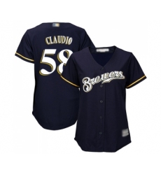 Women's Milwaukee Brewers #58 Alex Claudio Replica Navy Blue Alternate Cool Base Baseball Jersey