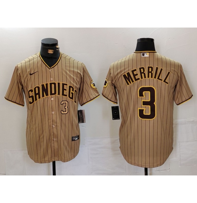 Men's San Diego Padres #3 Jackson Merrill Tan NEW 2023 Cool Base Stitched Jerseys