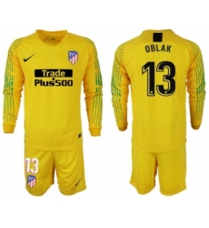 Atletico Madrid #13 Oblak Yellow Goalkeeper Long Sleeves Soccer Club Jersey