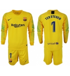 Barcelona #1 Ter Stegen Yellow Goalkeeper Long Sleeves Soccer Club Jersey