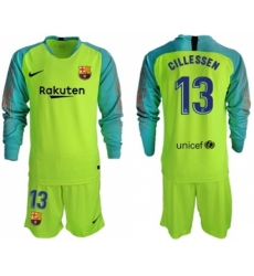 Barcelona #13 Cillessen Shiny Green Goalkeeper Long Sleeves Soccer Club Jersey