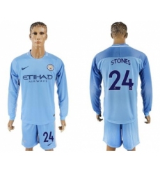 Manchester City #24 Stones Home Long Sleeves Soccer Club Jersey