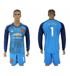 Manchester United #1 De Gea Blue Long Sleeves Soccer Club Jersey