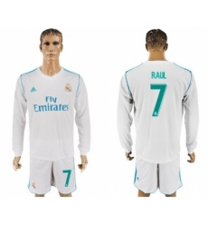 Real Madrid #7 Raul White Home Long Sleeves Soccer Club Jersey