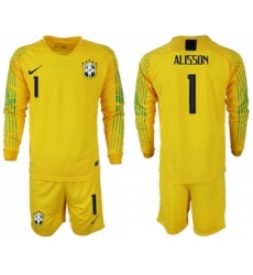 Brazil #1 Alisson Yellow Goalkeeper Long Sleeves Soccer Country Jersey