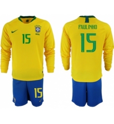 Brazil #15 Paulinho Home Long Sleeves Soccer Country Jersey