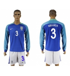 Brazil #3 Miranda Away Long Sleeves Soccer Country Jersey