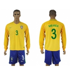 Brazil #3 Miranda Home Long Sleeves Soccer Country Jersey