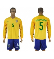 Brazil #5 Fernandinho Home Long Sleeves Soccer Country Jersey