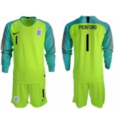 England #1 Pickford Shiny Green Long Sleeves Goalkeeper Soccer Country Jersey