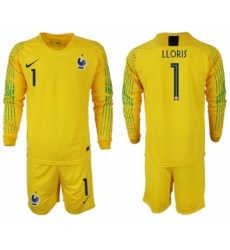 France #1 LLORIS Yellow Goalkeeper Long Sleeves Soccer Country Jersey