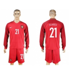 Portugal #21 Soares Home Long Sleeves Soccer Country Jersey