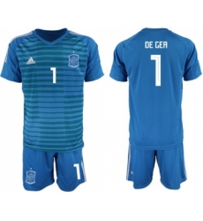 Spain #1 De Gea Blue Goalkeeper Soccer Country Jersey