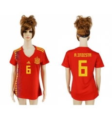 Women's Spain #6 A.Iniesta Red Home Soccer Country Jersey