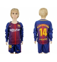 Barcelona #14 Mascherano Home Long Sleeves Kid Soccer Club Jersey
