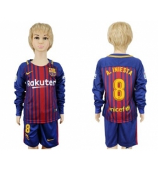 Barcelona #8 A.Iniesta Home Long Sleeves Kid Soccer Club Jersey