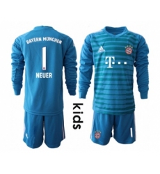 Bayern Munchen #1 Neuer Blue Goalkeeper Long Sleeves Kid Soccer Club Jersey