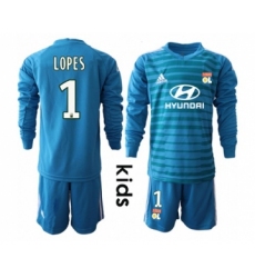 Lyon #1 Lopes Blue Goalkeeper Long Sleeves Kid Soccer Club Jersey