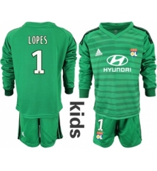 Lyon #1 Lopes Green Goalkeeper Long Sleeves Kid Soccer Club Jersey