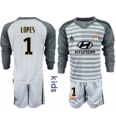 Lyon #1 Lopes Grey Goalkeeper Long Sleeves Kid Soccer Club Jersey