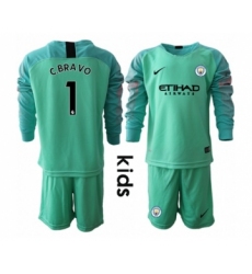 Manchester City #1 C.Bravo Green Goalkeeper Long Sleeves Kid Soccer Club Jersey