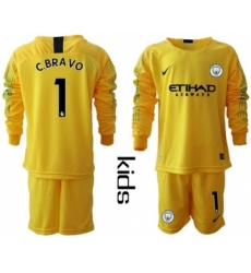 Manchester City #1 C.Bravo Yellow Goalkeeper Long Sleeves Kid Soccer Club Jersey