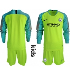 Manchester City Blank Shiny Green Goalkeeper Long Sleeves Kid Soccer Club Jersey