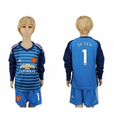 Manchester United #1 De Gea Blue Long Sleeves Kid Soccer Club Jersey