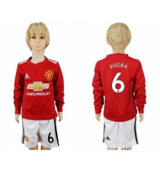Manchester United #6 Pogba Home Long Sleeves Kid Soccer Club Jersey