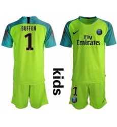Paris Saint Germain #1 Buffon Shiny Green Goalkeeper Kid Soccer Club Jersey