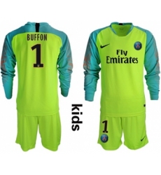Paris Saint Germain #1 Buffon Shiny Green Goalkeeper Long Sleeves Kid Soccer Club Jersey