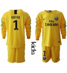 Paris Saint Germain #1 Buffon Yellow Goalkeeper Long Sleeves Kid Soccer Club Jersey