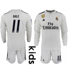 Real Madrid #11 Bale Home Long Sleeves Kid Soccer Club Jersey