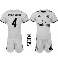 Real Madrid #4 Sergio Ramos White Home Kid Soccer Club Jersey