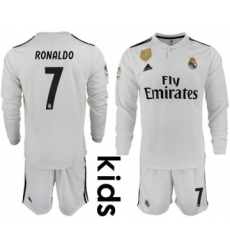 Real Madrid #7 Ronaldo Home Long Sleeves Kid Soccer Club Jersey