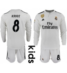 Real Madrid #8 Kroos Home Long Sleeves Kid Soccer Club Jersey