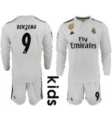 Real Madrid #9 Benzema Home Long Sleeves Kid Soccer Club Jersey