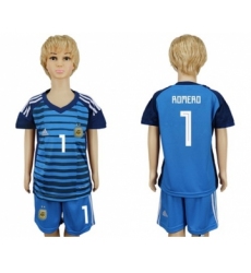 Argentina #1 Romero Blue Goalkeeper Kid Soccer Country Jersey