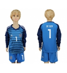 Spain #1 De Gea Blue Long Sleeves Goalkeeper Kid Soccer Country Jersey