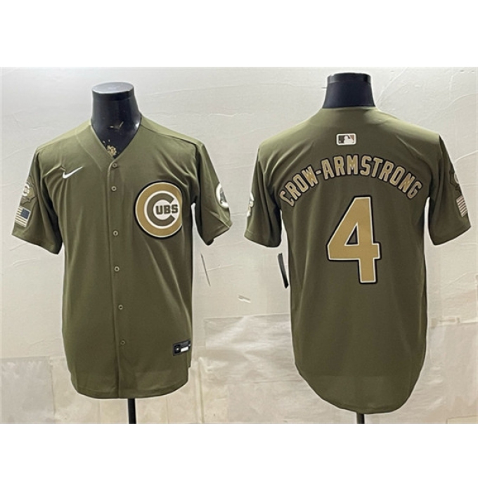 Men's Chicago Cubs #4 Pete Crow-Armstrong Olive 2026 Armed Forces Day Stitched Baseball Jersey