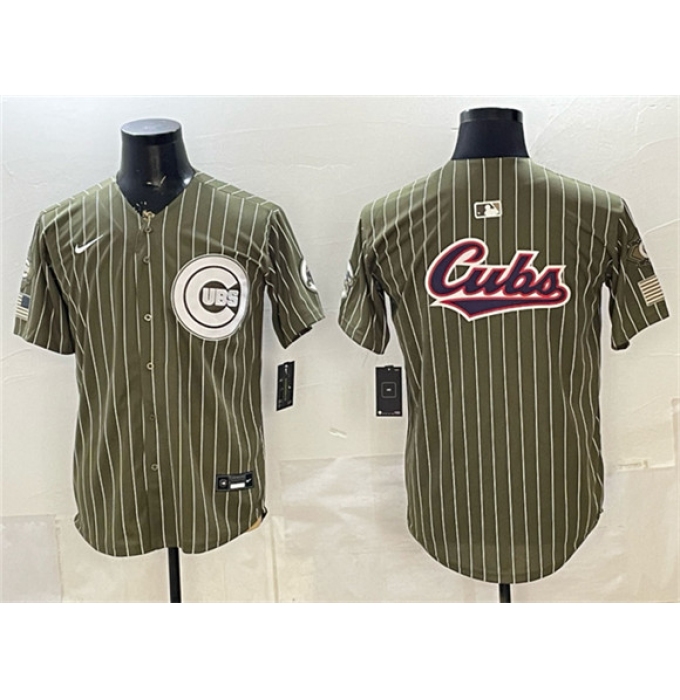 Men's Chicago Cubs Team Big Logo Pinstripe Olive 2026 Armed Forces Day Salute To Service Stitched Baseball Jersey