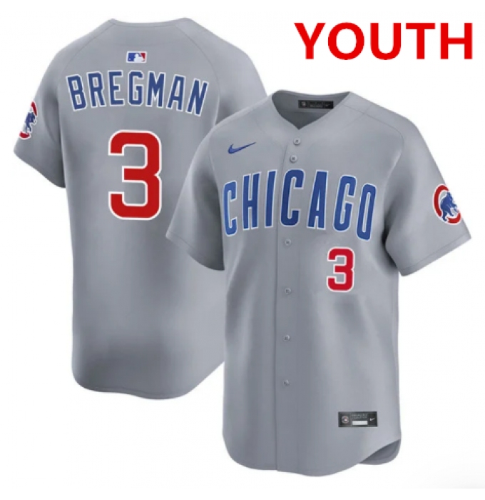 Youth Chicago Cubs #3 Alex Bregman nike Gray road limited jersey