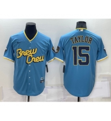 Men's Milwaukee Brewers #15 Tyrone Taylor Blue 2022 City Connect Cool Base Stitched Jersey