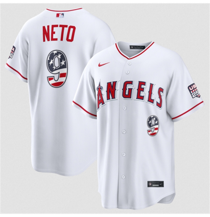 Men's Los Angeles Angels #9 Zach Neto 2026 White USA 250 Fourth of July Home Stadium Stitched Baseball Jersey