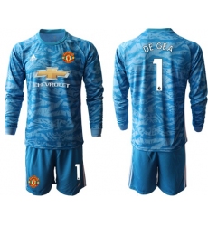 Manchester United #1 De Gea Light Blue Goalkeeper Long Sleeves Soccer Club Jersey