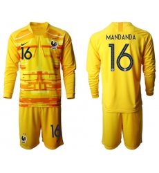 France #16 Mandanda Yellow Goalkeeper Long Sleeves Soccer Country Jersey