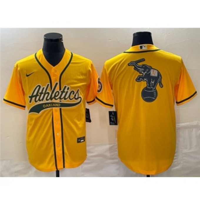 Men's Oakland Athletics Yellow Team Big Logo Cool Base Stitched Baseball Jersey 003